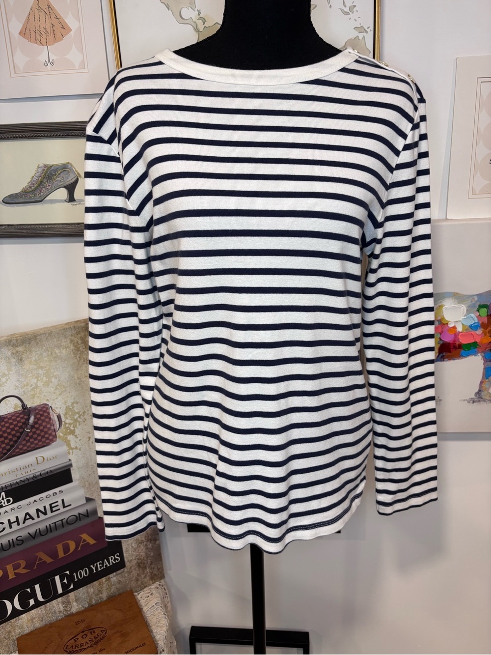 J. Crew Navy and White Breton Stripe Long-Sleeve Top